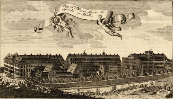 Gottfried August Gründler: Gesamtansicht der Glauchaschen Anstalt, Kupferstich, um 1730, Foto: Bildarchiv der Franckeschen Stiftungen