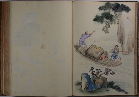 Zwei Bootsmänner staken ein Boot, China, um 1700 (Qing-Periode, Ära Kangxi), Aquarell, Staatliche Kunstsammlungen Dresden, Kupferstich-Kabinett, Inv.-Nr. Ca 137/123
