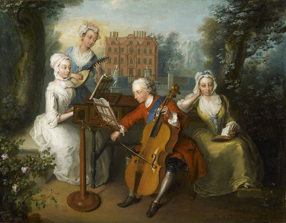 Friedrich Ludwig von Hannover, Prinz von Wales, musiziert mit seinen Schwestern, Philipp Mercier, 1733, Öl auf Leinwand, London, National Portrait Gallery, NPG 1556
