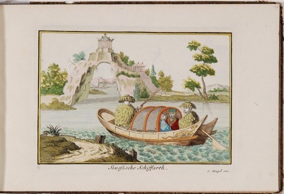 Christoph Weigel (1645-1725) nach Olfert Dapper, Chinesisches Boot, Radierung, handkoloriert, Nürnberg, um 1700-1725, Staatliche Kunstsammlungen Dresden, Kupferstich-Kabinett, Inv.-Nr. B 1156,2/XIV/17