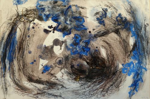 "Seetang mit blauer Blume", 2019 - Mischtechnik auf Papier, 80x40 cm