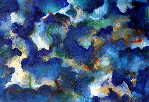 "Blaugoldrot", 2019 - Mischtechnik auf Papier, 32 x23 cm