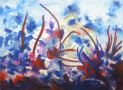 "Rote Linien auf Blau", 2017 - Aquarell, 40x50 cm