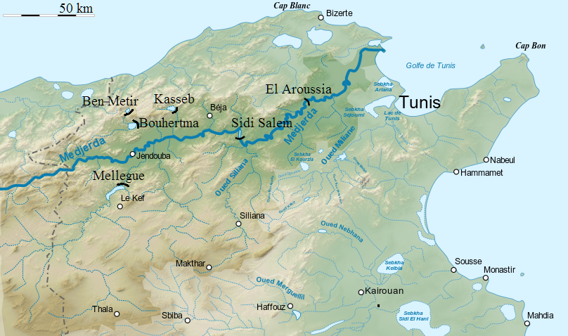 Abbildung 1: Nordtunesien mit den Stauanlagen Ben Metir, Kasseb, Bouhertma, Mellegue, Sidi Salem und El Aroussia (eigene Darstellung basierend auf [Bourrichon 2009])