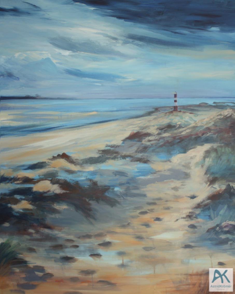 Astrid Krömer Malerei, Leuchtturm in den Dünen, Acryl auf Leinw., 2022, 80x100 cm