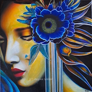 Here you find the beauty of a woman and a flower perfectly united - a painting with a soothing effect spreading peace