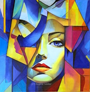 A beautiful female face in cubism style. She dares to look into this world in trouble with just one eye 