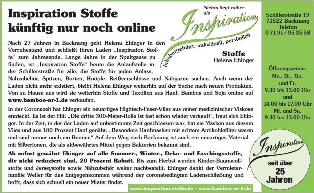 Ladenschließung bei Inspiration Stoffe aus Backnang