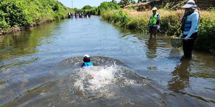 川で泳ぐ子供も