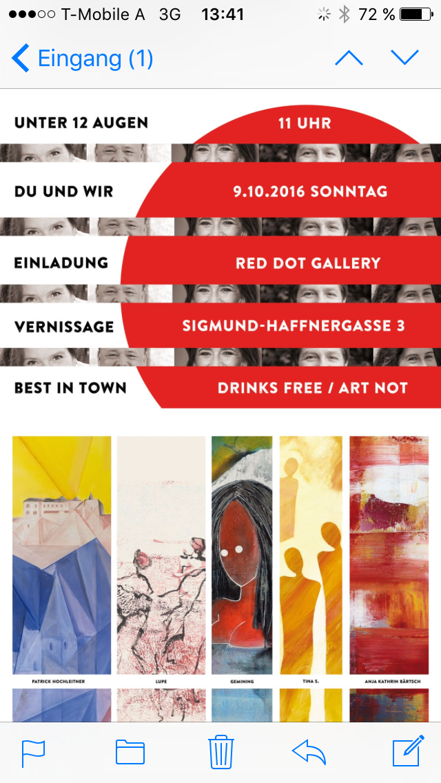 Einladung zur Gruppen-Ausstellung der Künstler tina S., Gemining, Petra Lupe, Patrick Hochleitner, Anja Bärtsch