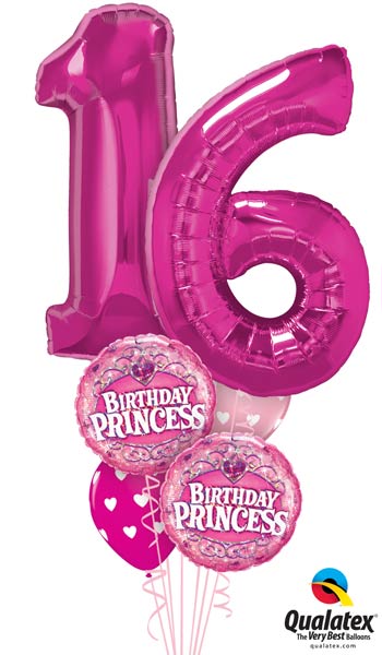 Ballon Bouquet 16.  Geburtstag Princess Happy Birthday Mädchen Luftballon Folienballon heliumgefüllt Versand Party Deko Dekoration XXL Zahl Ballonzahl Heliumzahl