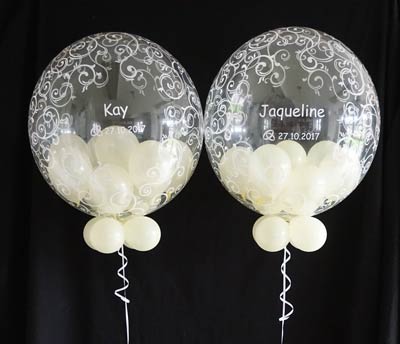Bubble Ballon Luftballon Hochzeit ivory Geschenk durchsichtig beschriftet Helium Heliumballon personalisiert individuell Namen Versand Wunschbubble Muster Schnörkel Brautpaar Hochzeitsdatum Datum Mitbringsel 