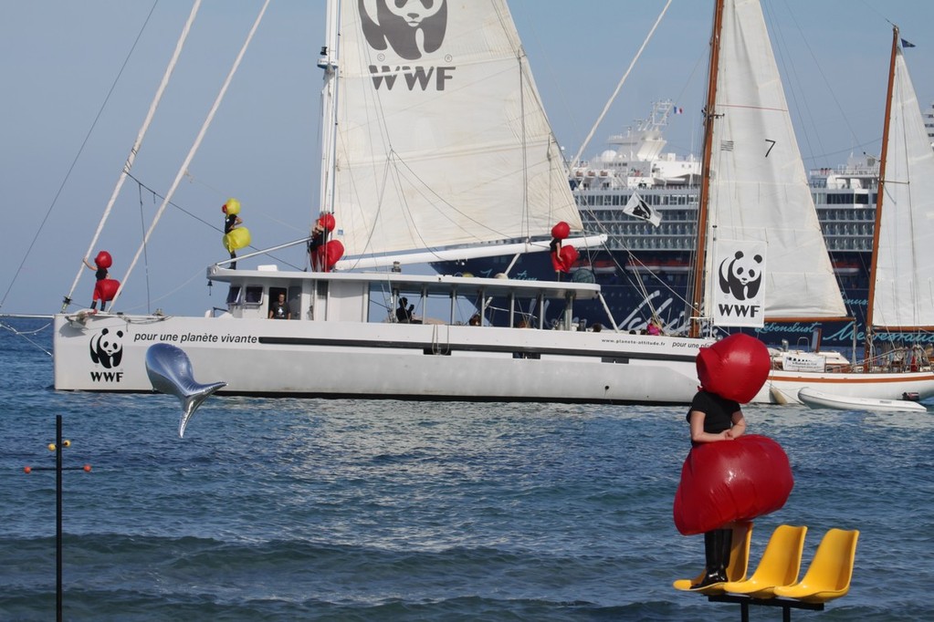 Le bateau de WWF entre une mirette et un bateau de croisière