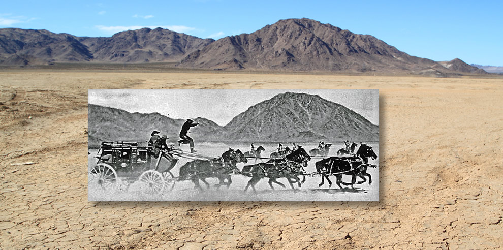 The exact location of one of movie history's signature stunts: Yakima Canutt (doubling for John Wayne) in "Stagecoach", shot on Lucerne Lake at Victorville.