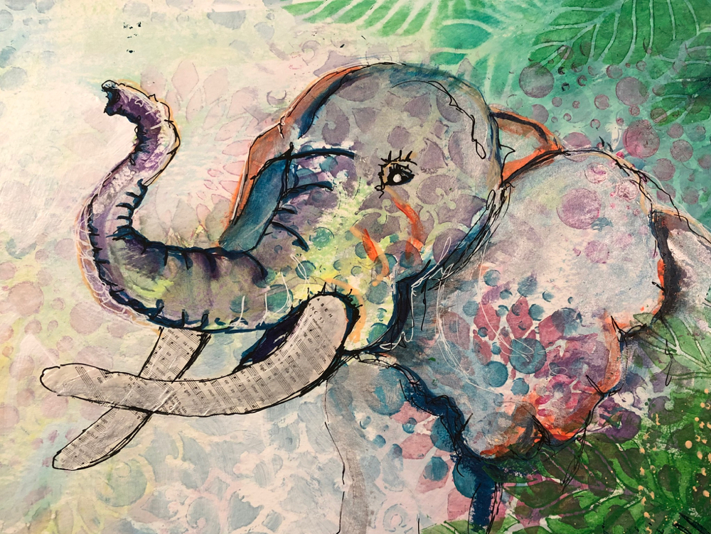 Olifant op papier mix media