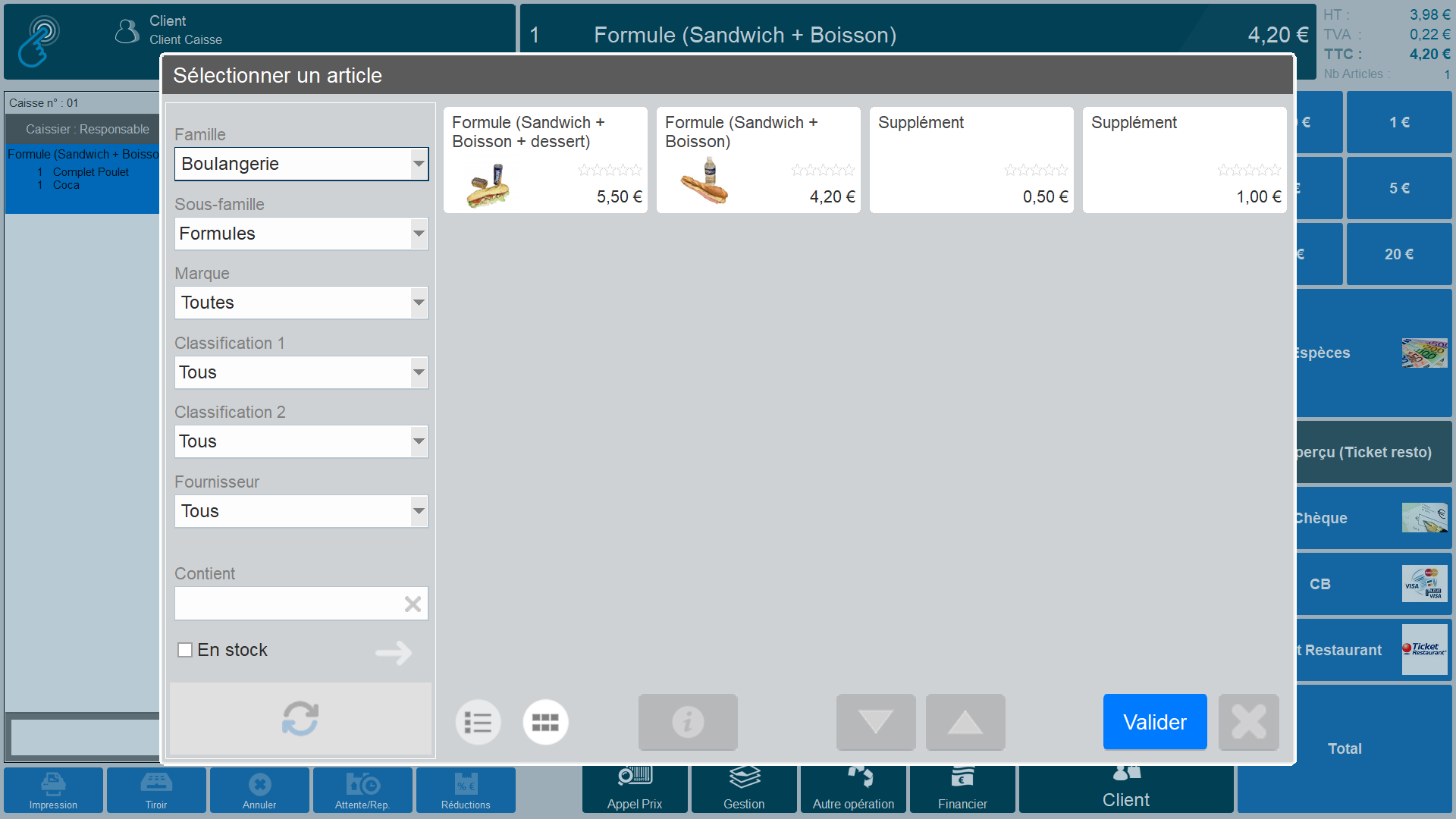 Logiciel point de vente : menus