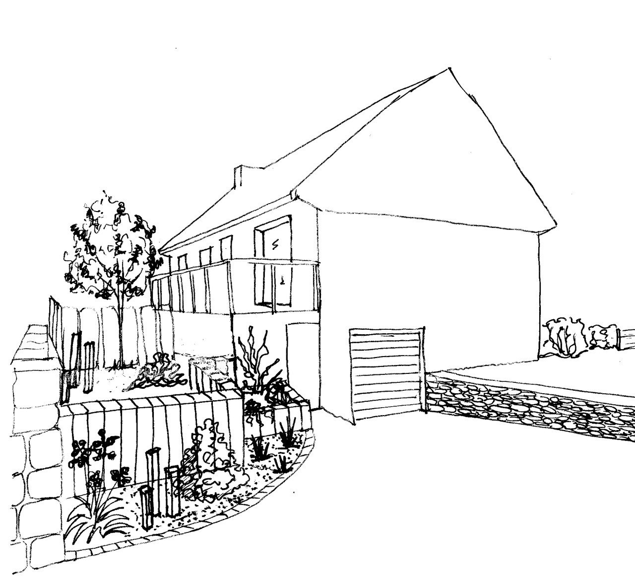 REF 112 Aménagement de maison sur sous-sol: esquisse vue depuis l'accès au sous-sol