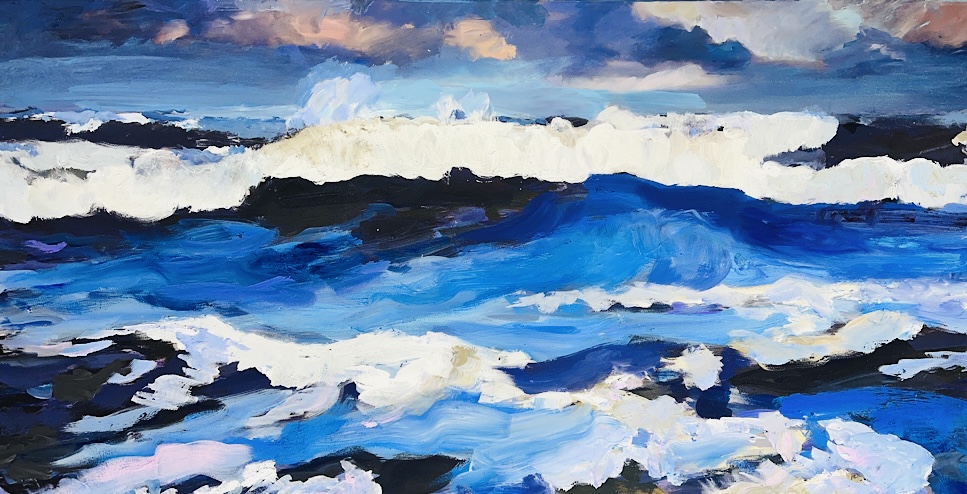 Brandung im Gewitter, 2024, Mischtechnik LW, 50x100cm