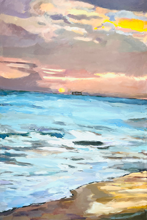 Sonnenuntergang mit Atlantikfähre, 2024, Mischtechnik LW, 120x80cm