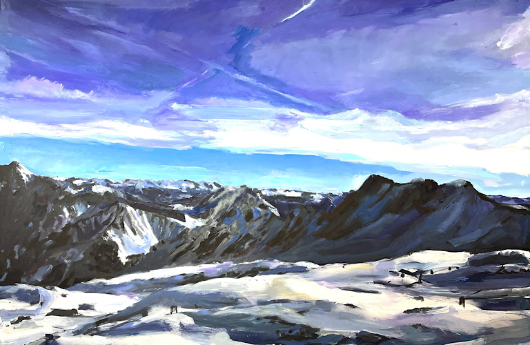 Verschneite Alpengipfel, 2024, Mischtechnik LW, 80x120cm
