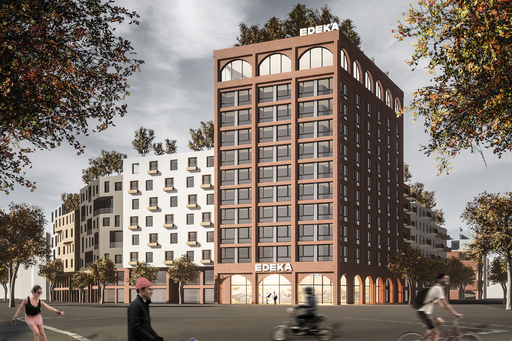 Architektur Konzept für die Überbauung eines EDEKA Supermarkt in Berlin Schmargendorf. Städtebauprojekt mit Wohnraum und Geschäftsflächen von Paul Eis. 