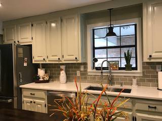 Kitchen Cabinets, Raised panel, Painted - 2 colors, Medium rub finish, Solid Walnut top on Island.