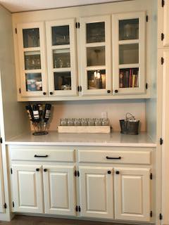 Kitchen Cabinets, Raised panel, Painted - 2 colors, Medium rub finish, Solid Walnut top on Island.