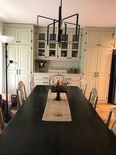  Kitchen Cabinets, Raised panel, Painted - 2 colors, Medium rub finish, Solid Walnut top on Island.  New solid Walnut top made for existing dining room table.  
