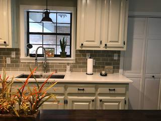  Kitchen Cabinets, Raised panel, Painted - 2 colors, Medium rub finish, Solid Walnut top on Island.