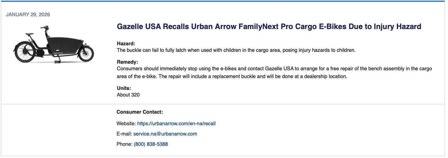 Rückruf von Urban Arrow FamilyNext Pro Lastenrädern in den USA – Sicherheitsmangel an Kinderrückhaltesystem
