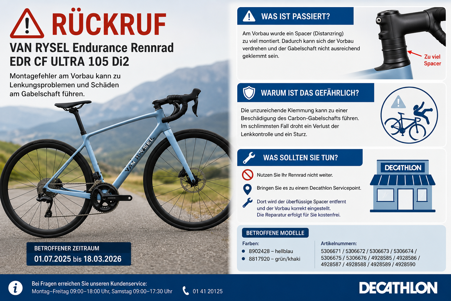 Sicherheitsrisiko im Vorbau: Decathlon ruft VAN RYSEL Carbon-Rennrad zurück