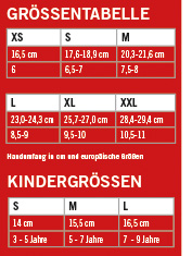 Eine Übersicht der verfügbaren Größen für Fahrradhandschuhe.