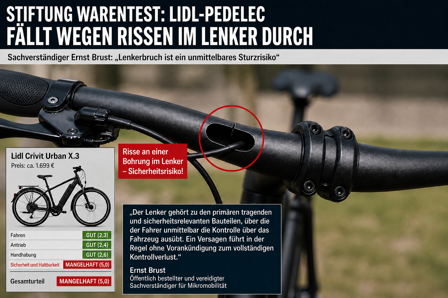 Risse im Lenker: Lidl-Pedelec fällt bei Stiftung Warentest durch – Sachverständiger schlägt Alarm