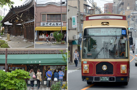 神社がやたら多いのが谷根千の特徴。観光用にシャトルバス「めぐりん」が周回しています。