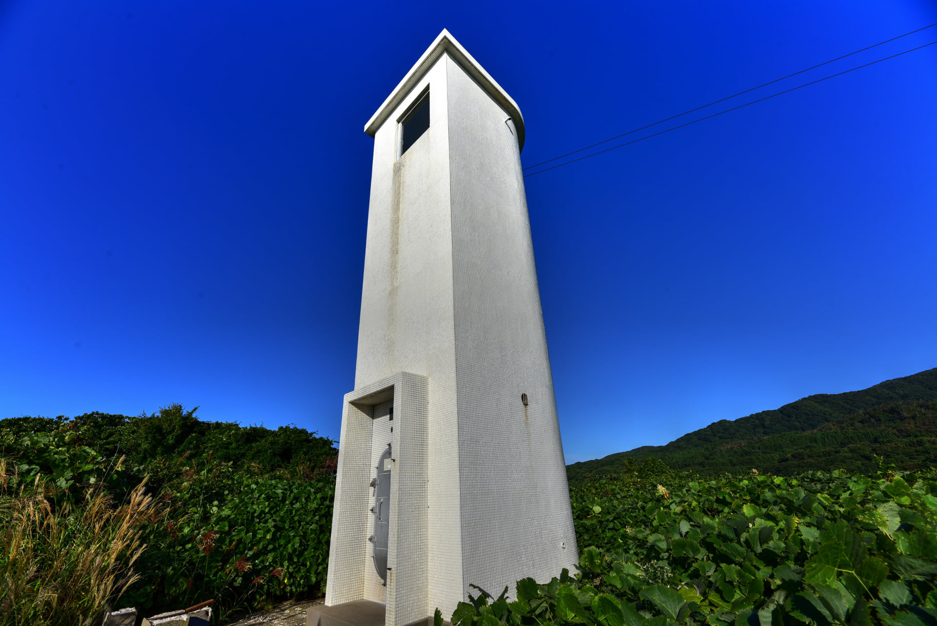 旅の目的その２、1409 館山埼三繰島照射灯 (秋田県)。この照射灯へのアプローチ。前回は足元が見えず断念した照射灯、鎌を片手にアプローチ。写真でも分かるように灯台のバックに見える雑草の中をなんとかルートを見つけ到達。帰りに1m程滑り落ちる場面もあったが無事帰還。