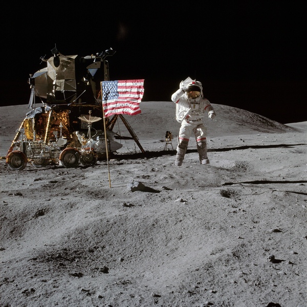 Astronaut John Young leaps from lunar surface to salute flag,