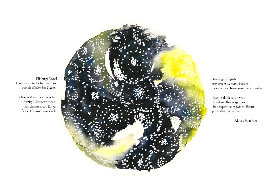 Himmelsgàrte-Jardins célestes, aquarelles Sylvie Lander, poème Albert Stricler, Éditions Lire Objet, 2020 ©sylvie lander