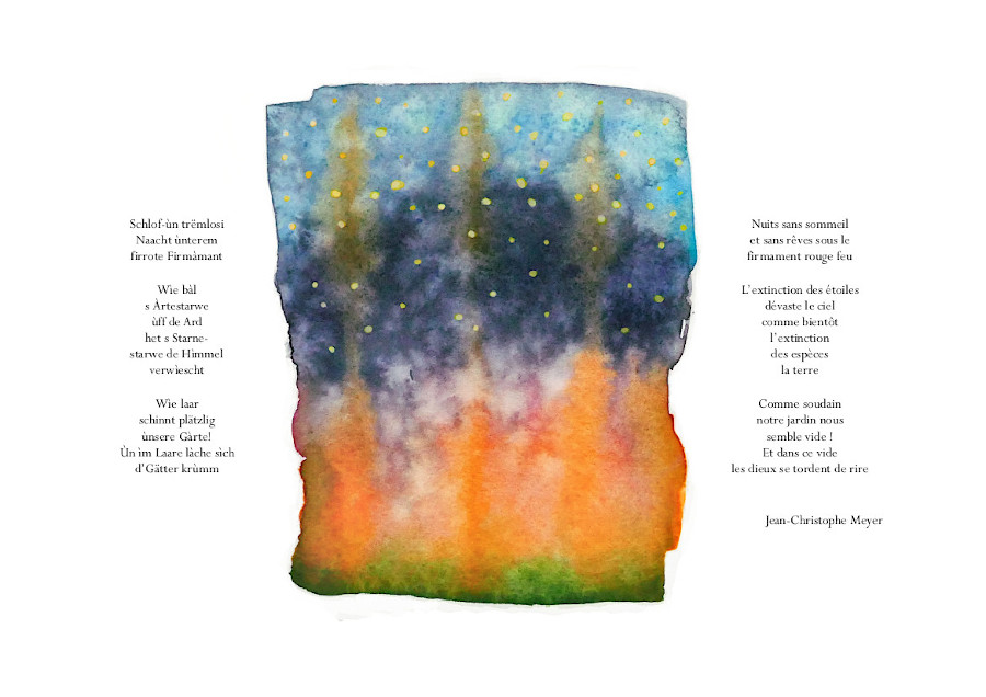 Himmelsgàrte-Jardins célestes, aquarelles Sylvie Lander, poème Jean-Christophe Meyer, Éditions Lire Objet, 2020 ©sylvie lander
