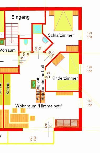 Plan der Ferienwohnung mit großer Wohnküche, Bad, WC extra, 2 Schlafzimmer mit Doppelbett und Stockbett, ein Schlafzimmer mit Doppelbett auf der Galerie