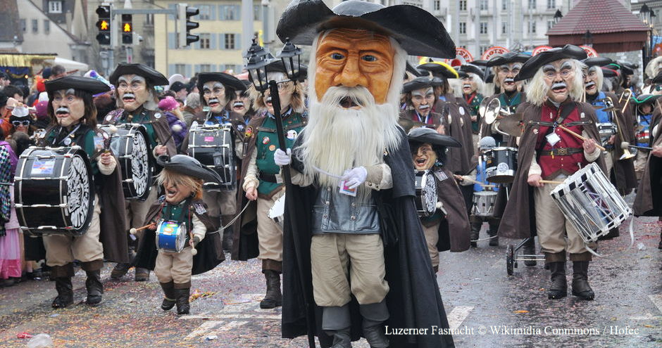 Luzerner Fasnacht, Programm, Umzug, Fasnacht in der Zentralschweiz, Große Masken, Innerschweizer Fasnacht, Kapellbrücke, Rosenmontag, Güdismentig, Güdismontag, Schweizer Fasching, Trommler, Großes Spektakel, Faschingshöhepunkt, Alpen, Schweizer Fasnacht