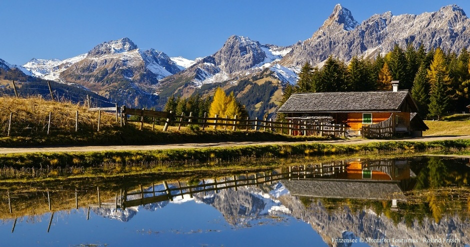 Fritzensee, Bergsee Bartholomäberg, Bergsee Kristberg, Schönster See Montafon, Bergsee Zimba, Bergsee Rätikon, Bergsee Verwall, Bergsee mit Almhütte, Bergsee Alphütte, Bergsee Alm, Bergsee Herbst, Bergsee Lärchen, Bergsee Berge spiegeln, Bergsee Holzzaun