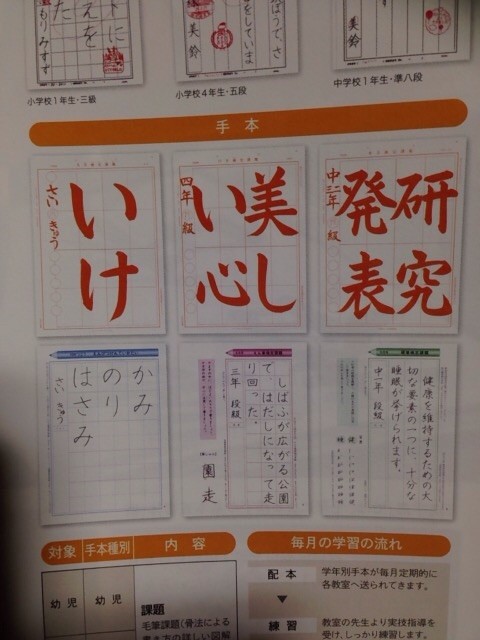日本習字のお手本を使用します。子ども手本は硬筆と毛筆がセットになっています。
