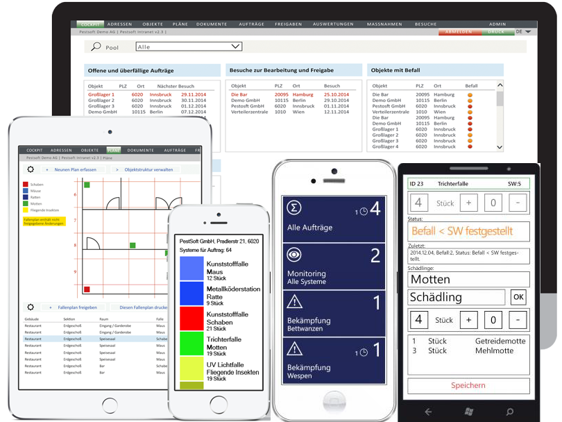 Die neue Softwarelösung von PestSoft gestaltet das Schädlingsbekämpfungs-Management flexibel und individuell: Die mobile Vollversion wird ganz einfach per APP auf Ihrem Smartphone installiert und ist sofort einsatzbereit. Auf Wunsch auch in Ihrer Sprache!