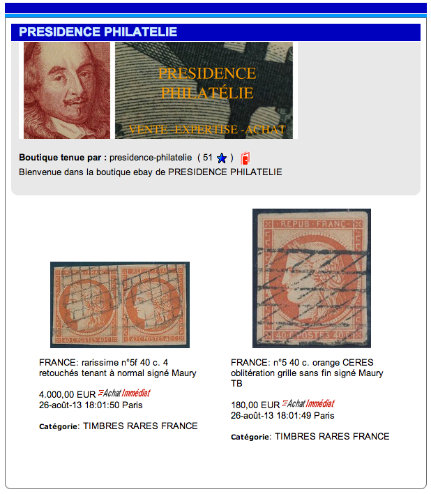 boutique ebay PRESIDENCE PHILATELIE timbres classiques rares