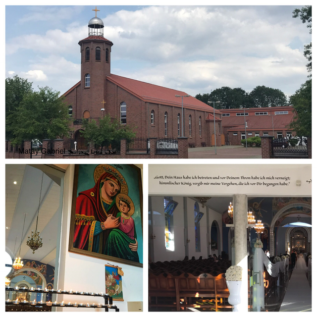 (li. u.) Maria Opferkerzenstand/Fürbitten, (re. u.) Eingang, (oben) St. Johannes Kirche mit Gemeindezentrum (2018)