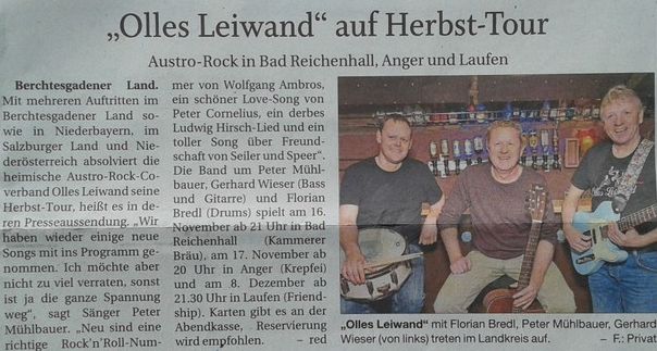 Die Austropop Band Olles Leiwand auf Herbst Tournee in Laufen, Anger und Bad Reichenhall