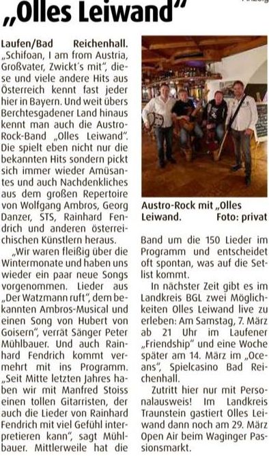 Olles Leiwand spielt live Austropop im Friendship laufen. Livemusik von Fendrich, Ambros, Danzer, STS, Sailer und Speer