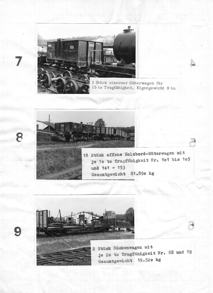 Seite 3 des Verkaufskatalogs, die Angaben in Kg. beziehen sich auf alle Wagen des Loses