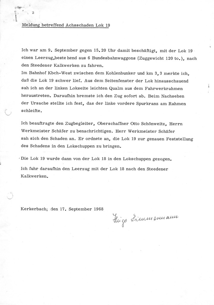 Achbruch auf Lok 19!!!    Hier das Protokol des Lokführers vom 17.09.1968