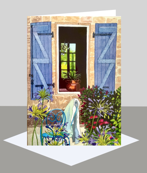 Blue shutters and Agapanthus flowers in France greetings card
